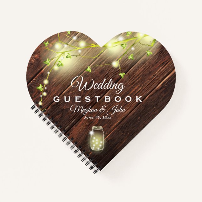 Rustic Wood Mason String Lights Wedding Guest Book (Front)