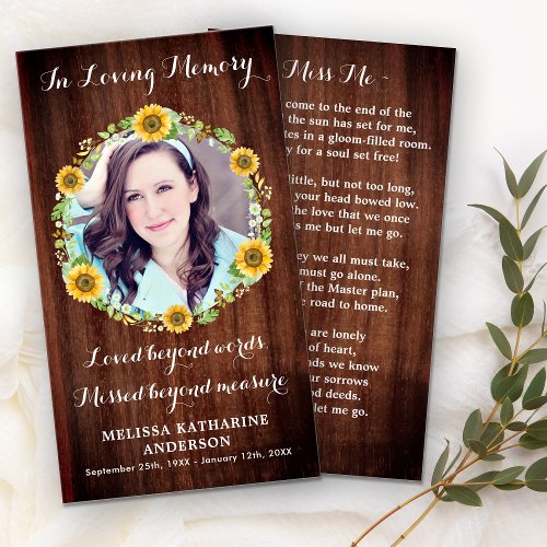 Rustic Wood Memorial Sunflower Funeral Prayer Card