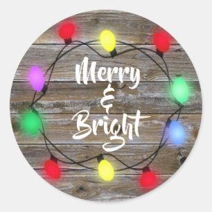 Rustic Wood Merry and Bright Christmas Lights Classic Round Sticker