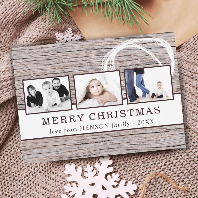 Rustic Wood Merry Christmas 3 Photo Collage Holiday Card (Creator Uploaded)