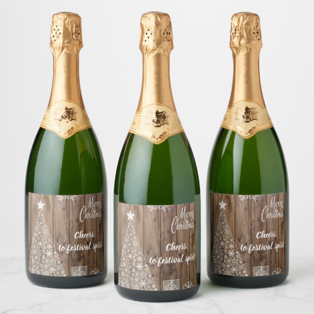Rustic Wood Merry Christmas Cheers Sparkling Wine Label (Bottles)