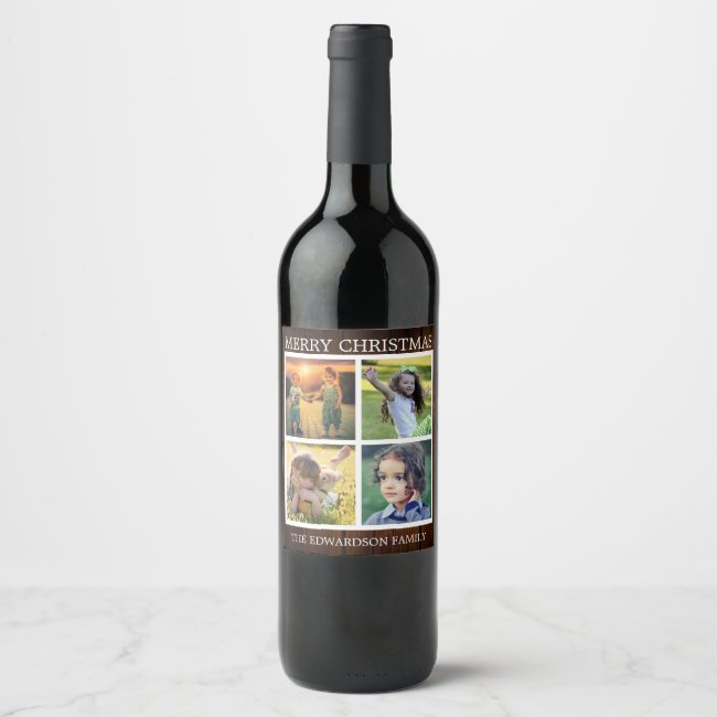 Rustic wood Merry Christmas family photo collage Wine Label