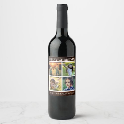 Rustic wood Merry Christmas family photo collage Wine Label