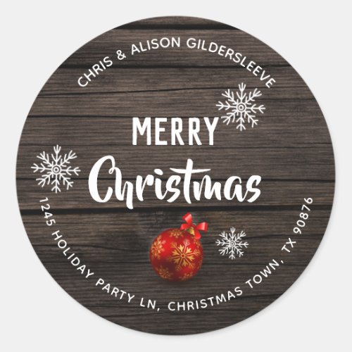 Rustic Wood Merry Christmas Name Address Classic Round Sticker