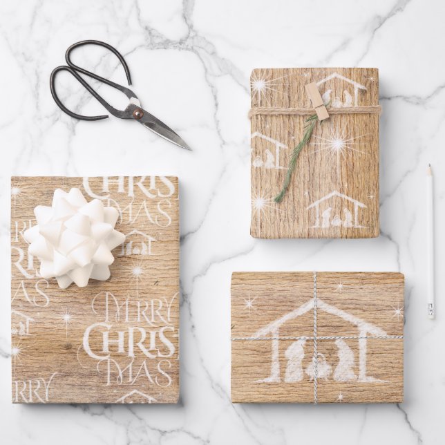 Rustic Wood Merry CHRISTmas Nativity Christian Whi Wrapping Paper Sheets (Front)