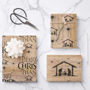 Rustic Wood Merry CHRISTmas Nativity Christian Wrapping Paper Sheets