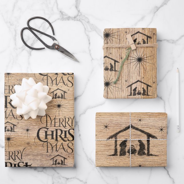 Rustic Wood Merry CHRISTmas Nativity Christian Wrapping Paper Sheets (Front)