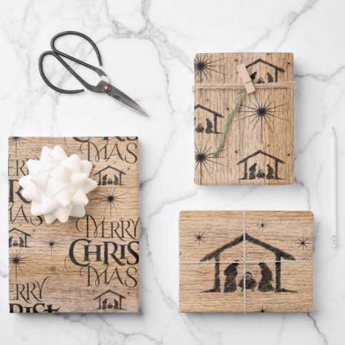 Rustic Wood Merry CHRISTmas Nativity Religious Wrapping Paper Sheets
