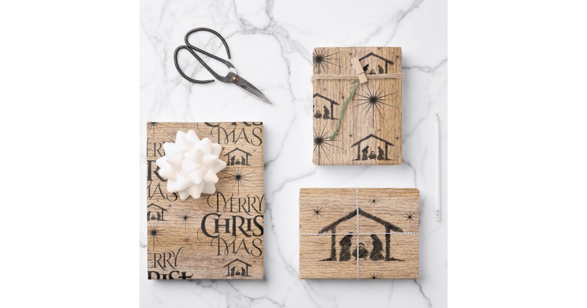 Rustic Wood Merry CHRISTmas Nativity Religious Wrapping Paper Sheets