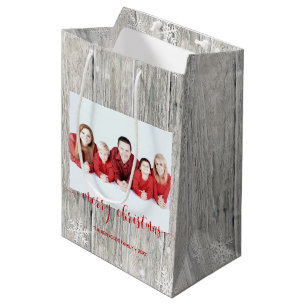 Rustic Wood Merry Christmas Photo Medium Gift Bag