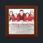 Rustic Wood Merry Christmas Photo - Tile Gift Box<br><div class="desc">A modern trendy Christmas Holiday illustration with a rustic wooden background and red typography script "Merry Christmas" text overlay and decorative snowflakes and bokeh. Easily to change the sample photo with your own one.</div>