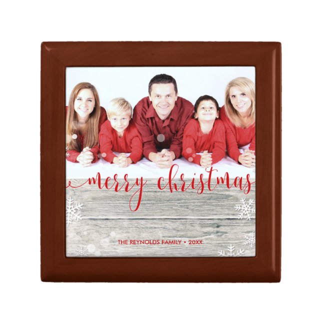 Rustic Wood Merry Christmas Photo - Tile Gift Box (Front)