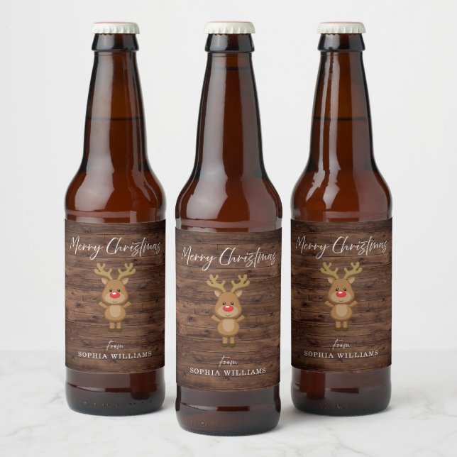 Rustic Wood Merry Christmas Reindeer Present Beer Bottle Label (Bottles)