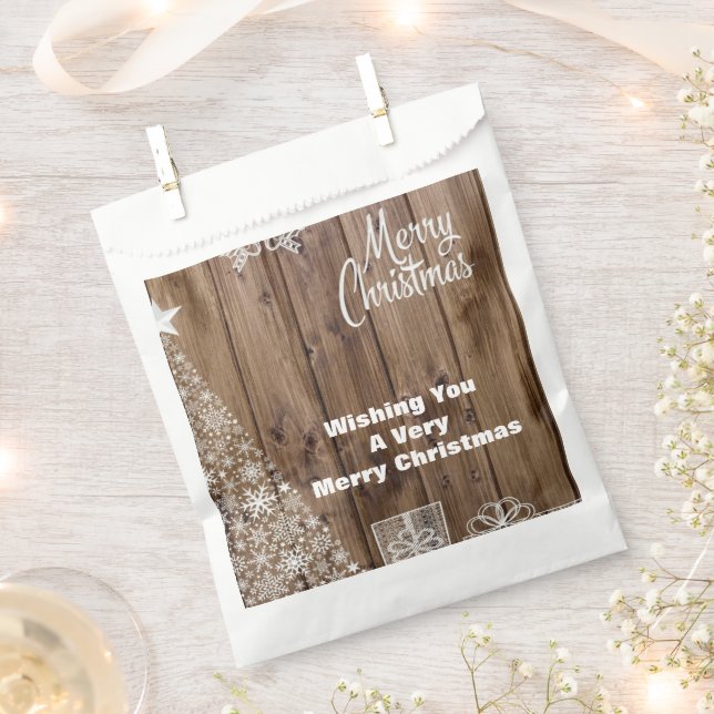 Rustic Wood Merry Christmas Snowflake Custom  Favor Bag (Clipped)