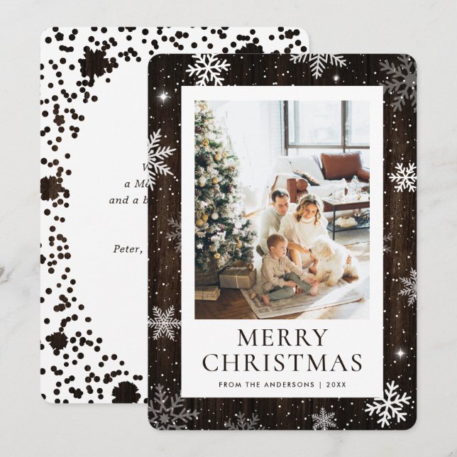 Rustic Wood Merry Christmas Snowflake Snow Photo Holiday Card (Front/Back)