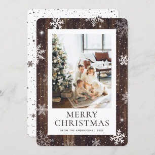 Rustic Wood Merry Christmas Snowflake Snow Photo Holiday Card