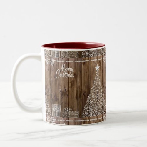 Rustic Wood Merry Christmas Snowflake  Two_Tone Coffee Mug