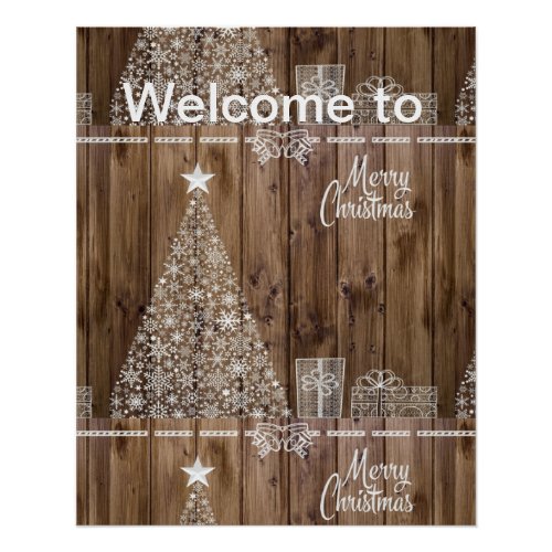 Rustic Wood Merry Christmas Snowflake Welcome  Poster
