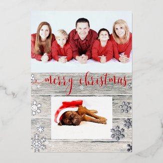 Rustic Wood Merry Christmas Snowflakes Script Foil Holiday Card