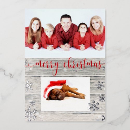Rustic Wood Merry Christmas Snowflakes Script Foil Holiday Card