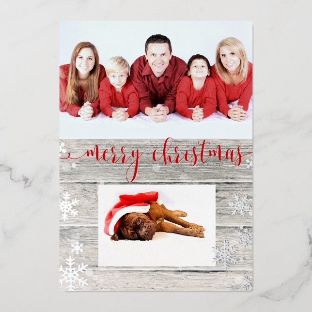 Rustic Wood Merry Christmas Snowflakes Script Foil Holiday Card (Front)