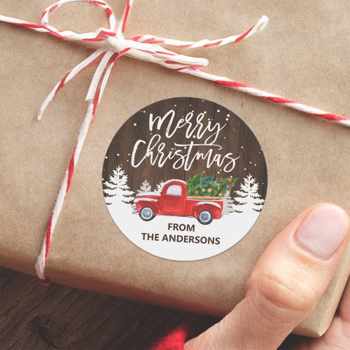 Rustic Wood Merry Christmas Truck Pine Trees Classic Round Sticker
