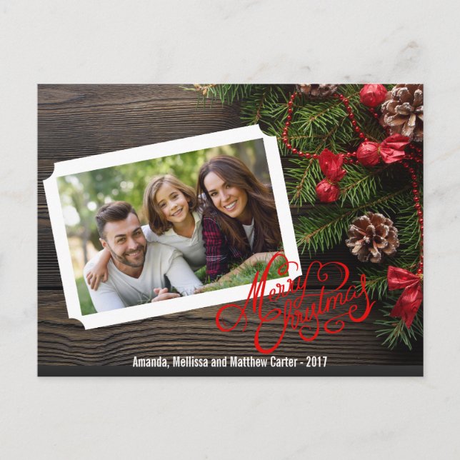 Rustic Wood Merry Christmas Typography Photo Card (Front)