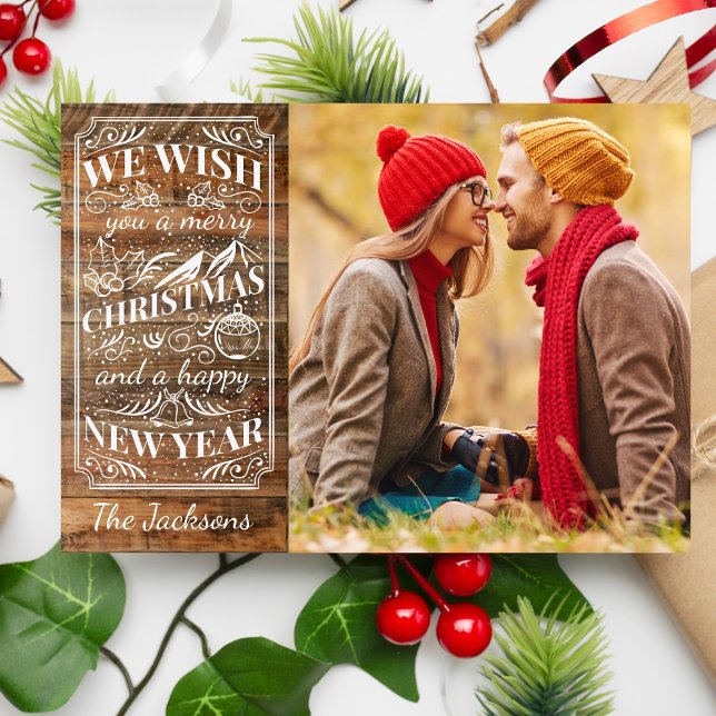 Rustic Wood Merry Christmas Typography Photo Holiday Card (Creator Uploaded)