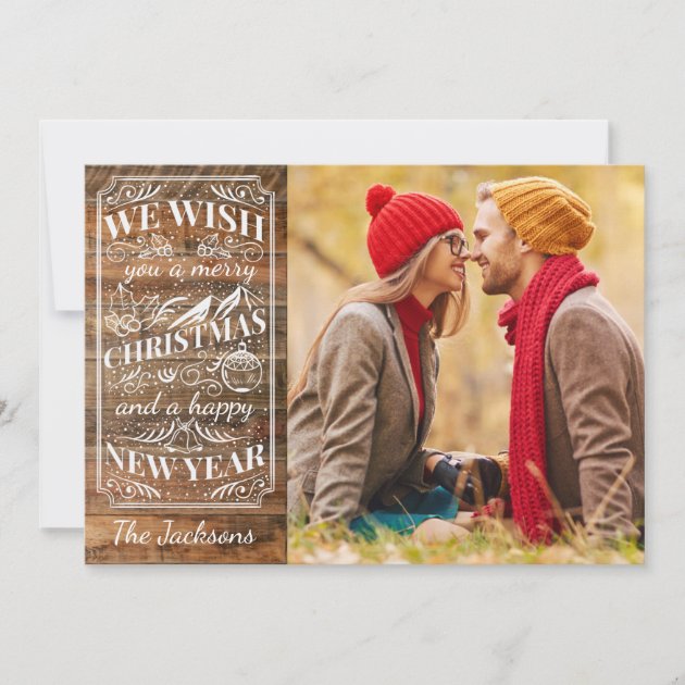 Rustic Wood Merry Christmas Typography Photo Holiday Card