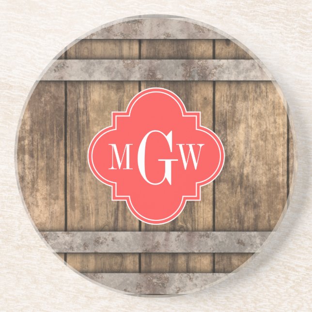 Rustic Wood Metal Band Coral Quatrefoil 3 Monogram Coaster (Front)