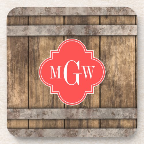 Rustic Wood Metal Band Coral Quatrefoil 3 Monogram Drink Coaster