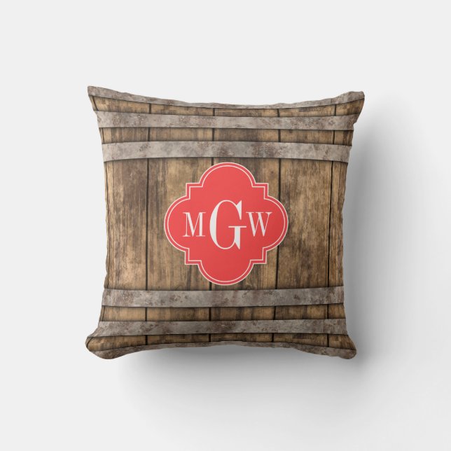 Rustic Wood Metal Band Coral Quatrefoil 3 Monogram Throw Pillow (Front)