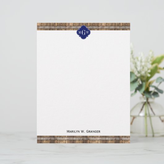 Rustic Wood Metal Band Navy Quatrefoil 3 Monogram (Standing Front)