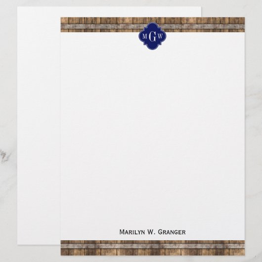 Rustic Wood Metal Band Navy Quatrefoil 3 Monogram (Front/Back)