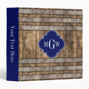 Rustic Wood Metal Band Navy Quatrefoil 3 Monogram 3 Ring Binder