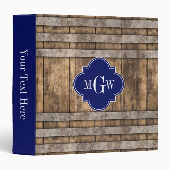 Rustic Wood Metal Band Navy Quatrefoil 3 Monogram 3 Ring Binder (Front/Spine)