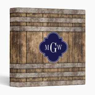 Rustic Wood Metal Band Navy Quatrefoil 3 Monogram Binder