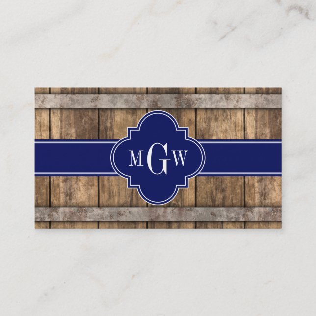 Rustic Wood Metal Band Navy Quatrefoil 3 Monogram Business Card (Front)