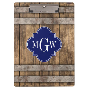 Rustic Wood Metal Band Navy Quatrefoil 3 Monogram Clipboard