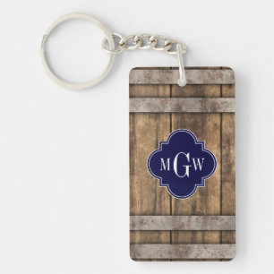 Rustic Wood Metal Band Navy Quatrefoil 3 Monogram Keychain