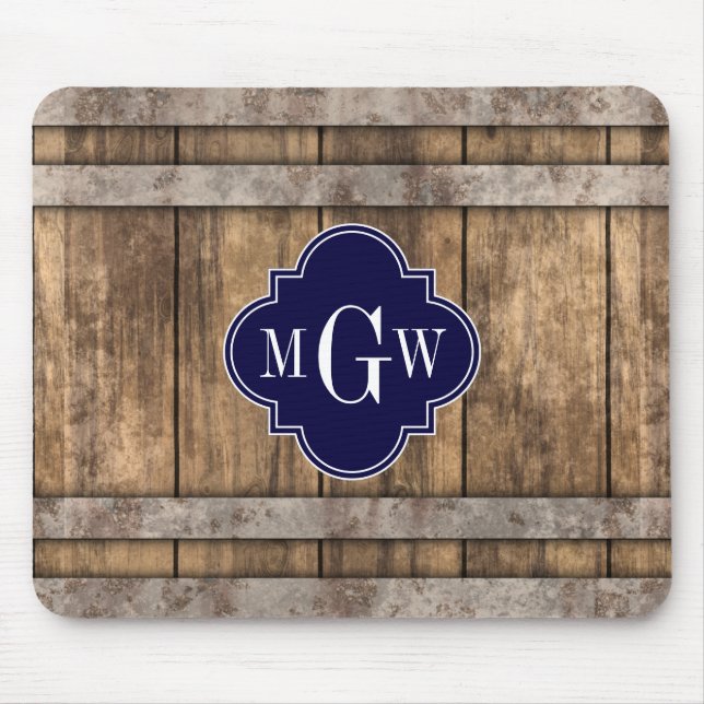 Rustic Wood Metal Band Navy Quatrefoil 3 Monogram Mouse Pad (Front)