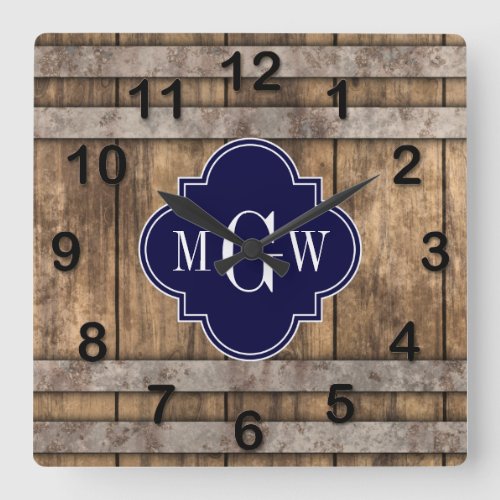 Rustic Wood Metal Band Navy Quatrefoil 3 Monogram Square Wall Clock