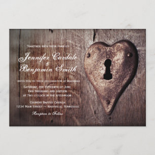 Rustic Wood Metal Heart Lock Wedding Invitations