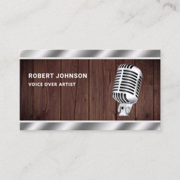 Rustic Wood Metallic Microphone Voice Over Artist Business Card by ShabzDesigns at Zazzle