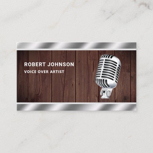 Rustic Wood Metallic Microphone Voice Over Artist Business Card