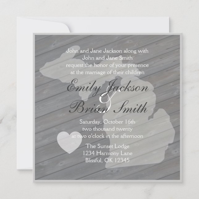 Rustic wood Michigan gray wedding invitations (Front)