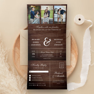 Rustic Wood Minimal 3 in 1 Photo Collage Wedding Tri-Fold Invitation