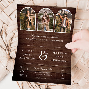 Rustic Wood Minimal Arch Photo QR code Wedding Invitation