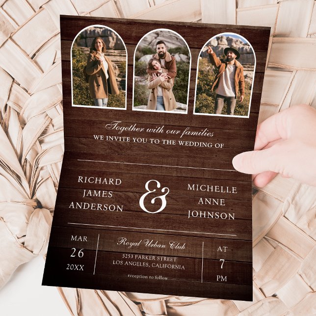 Rustic Wood Minimal Arch Photo QR code Wedding Invitation (Creator Uploaded)