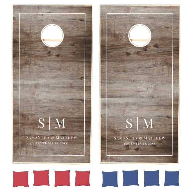 Rustic Wood Minimalist Couple Initials Wedding Cornhole Set (Set)